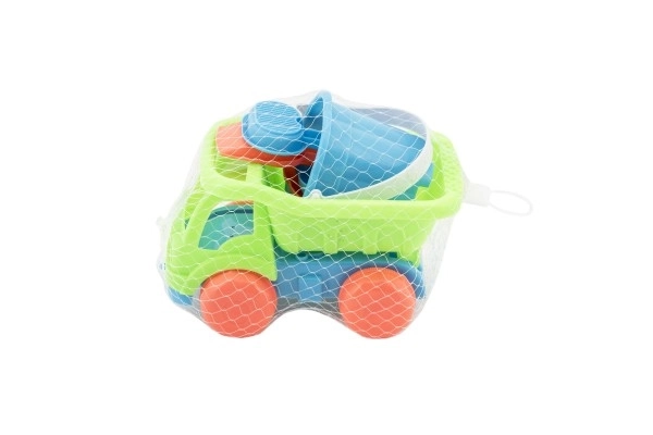 Auto voor zand met accessoires plastic 16cm 2 kleuren in net