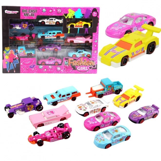Set van metalen autootjes voor meisjes roze 10 stuks