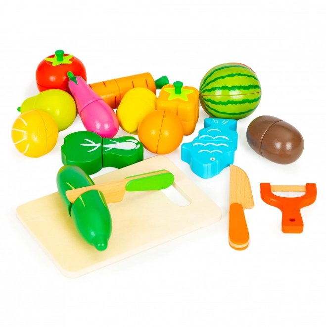 Houten fruit en groenten om in een doos te snijden