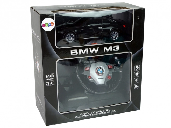 BMW M3 op afstand bestuurbare auto zwart 2.4G afstandsbediening stuurwiel 1:18 geluidseffecten lichten