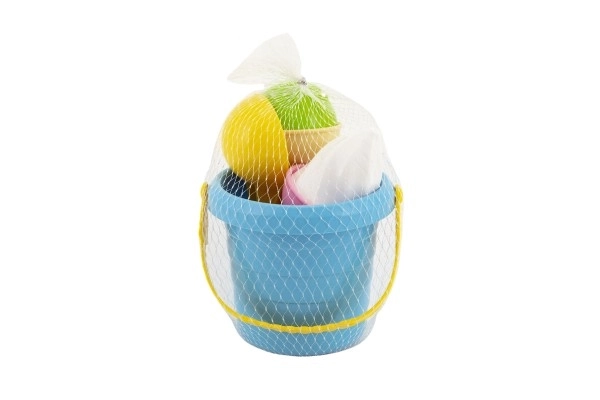 Zandset plastic emmer + ijsvormpjes in net 12x17x12cm 12m+