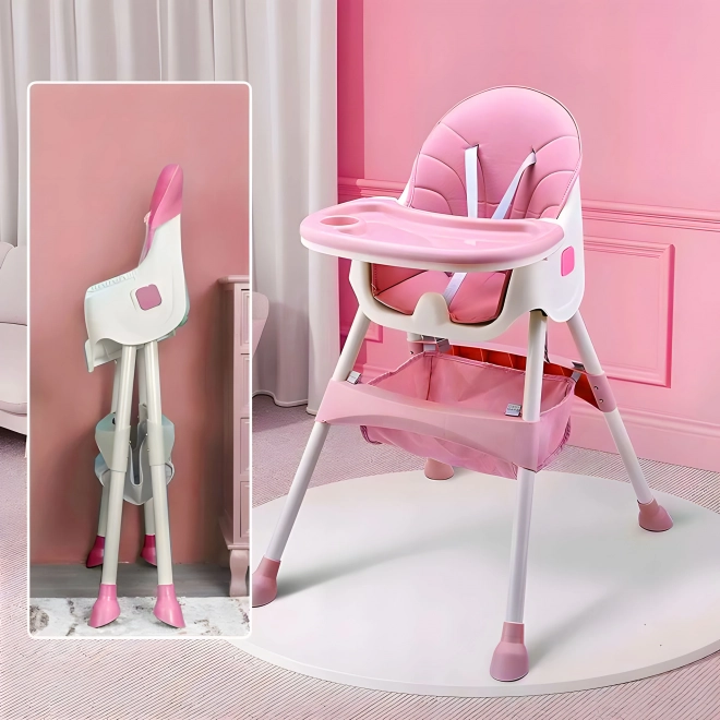 Kinder eetstoel met blad en mand, vijfpuntsgordel ECOTOYS – roze