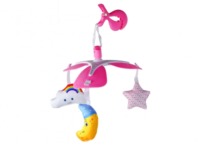 Rosa Clip für Babybett mit himmlischem Mobile für Kinder