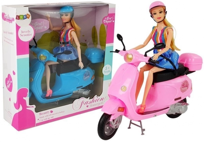 Doll on Pink Scooter with Helmet, Long Hair