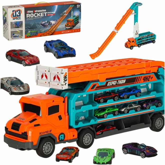 Circuit de course avec dépanneuse et transporteur 6 pièces - orange