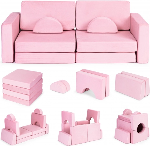 Grote tweezits modulaire opvouwbare kinderbank DIY met 10 zachte kussens - roze ECOTOYS