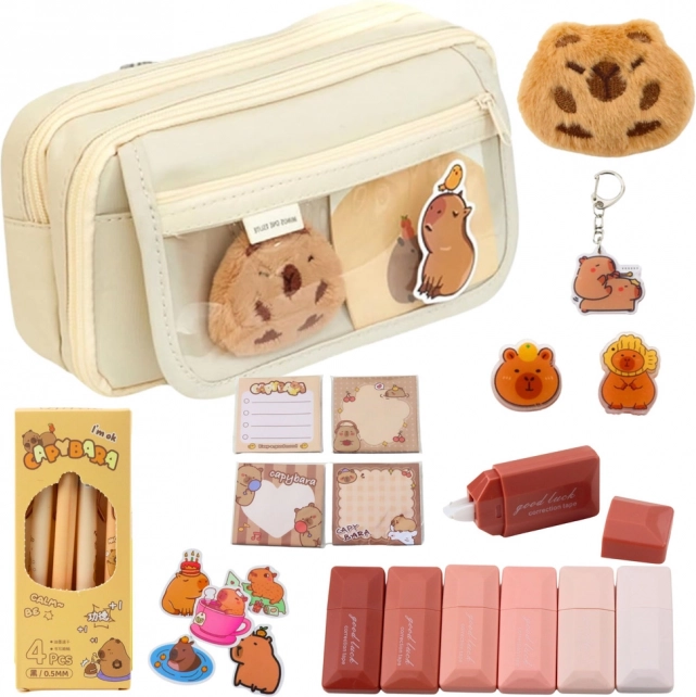 Beige schooletui met capibara-accessoires