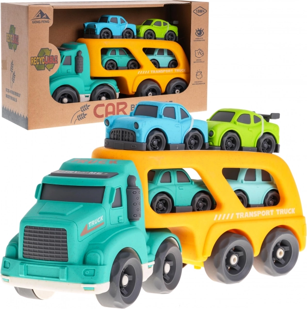 Interactieve trekker met oplegger en 4 autootjes van bioplastic voor kinderen vanaf 18 maanden – Turquoise-geel