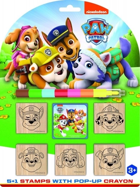 Stempels 5+1 met inktkussen houten 5x5cm met waskrijt Paw Patrol op kaart