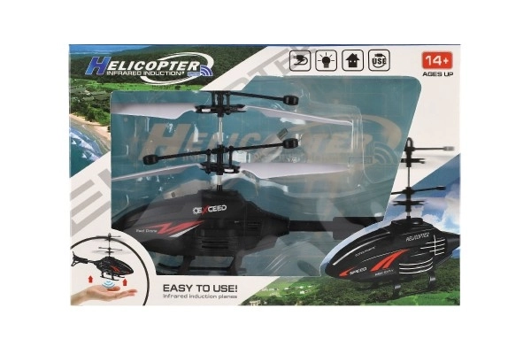 Hélicoptère en plastique 16cm réagissant au mouvement de la main avec câble de chargement USB dans une boîte 22x15x5cm