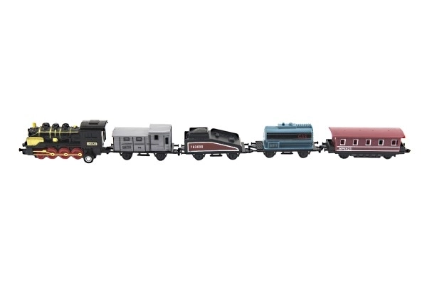 Trein/locomotief en wagens 5st metalen/plastic 8cm op terugtrekmechanisme 4 soorten op kaart