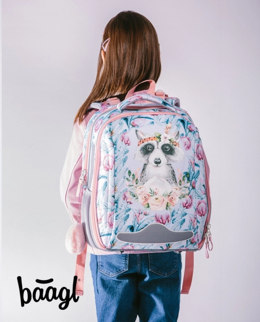 Schooltas met wasbeer en bloemenpatroon