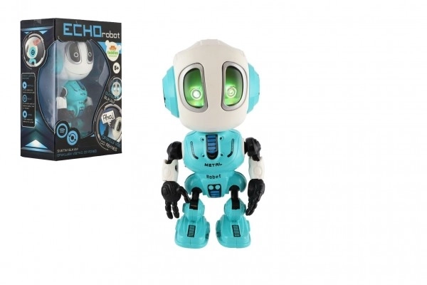 Robot ECHO herhaalt zinnen metalen 12cm blauw op batterijen met geluid en licht in doosje 10,5x15x5,5cm