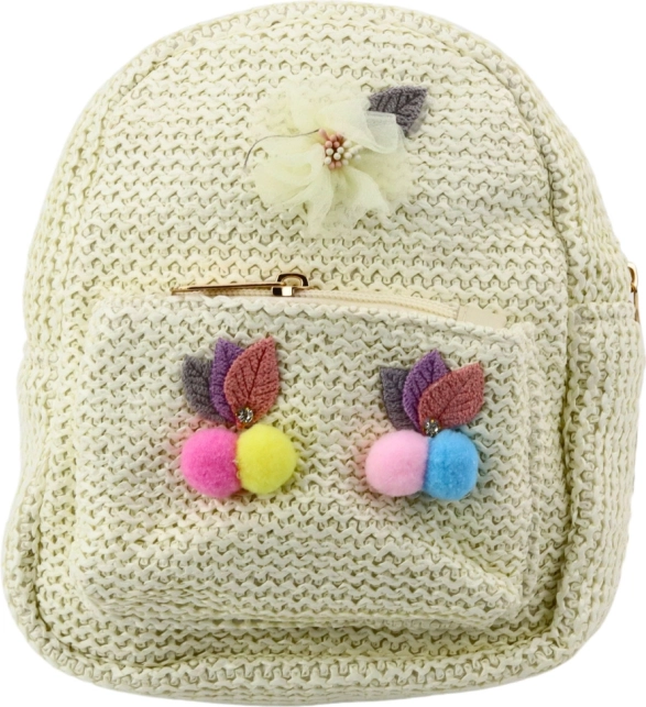 Kinder rugzak crème met borduursel en gekleurde pompons