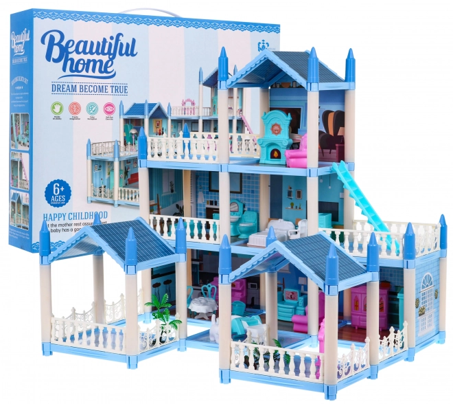 Drie verdiepingen tellend poppenhuis Cadeau voor meisjes 6+ Blauwe villa met accessoires