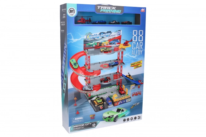 Parkeerstation met 3 metalen auto's en een helikopter 59x27x39 cm