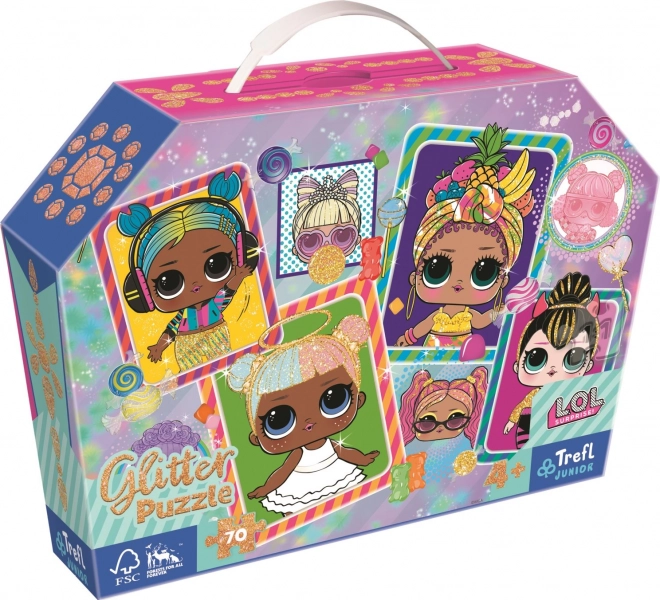 Puzzle 70 pièces pailleté dans une valisette Poupées L.O.L colorées