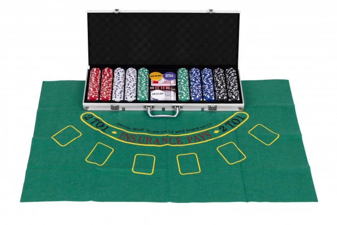 Poker- en blackjackset – 500 fiches, 2 kaartspellen, dobbelstenen, speelmat, afsluitbare koffer