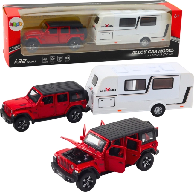 Metalen terreinwagen met kampeeraanhanger 1:32 rood met licht en geluid