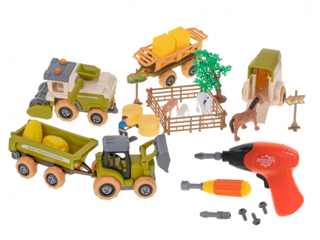Ensemble fermier avec tracteurs et animaux domestiques