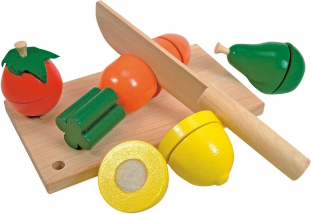 WOODY Planche en bois avec fruits et légumes à découper