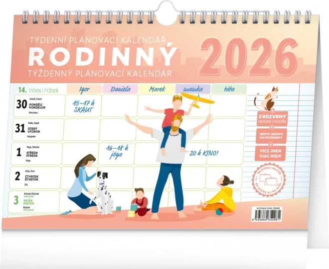 Notique calendrier familial hebdomadaire avec crochet 2026