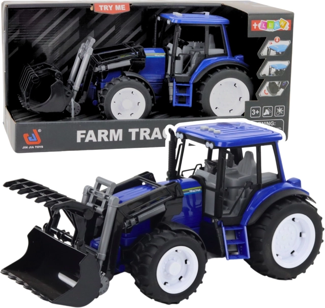Kids' tractor with movable bucket, lights and sounds – blue 1:10