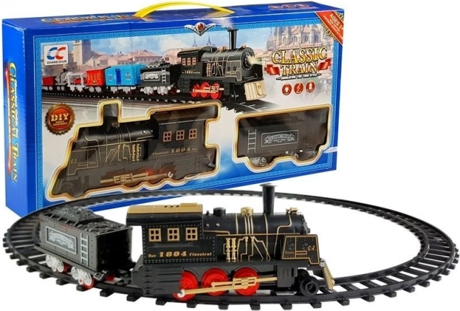 Klassieke elektrische treinset met locomotief en wagon op een ronde baan