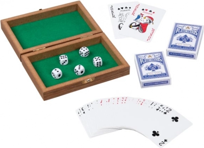Playing cards and dice in a wooden box