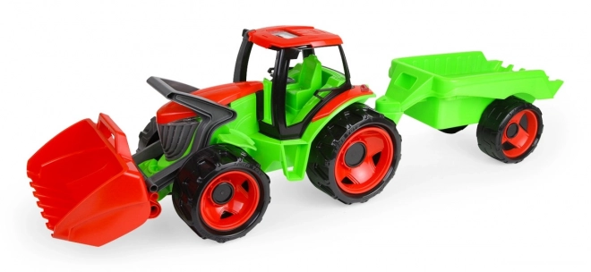 Red and Green Tractor with Loader and Trailer