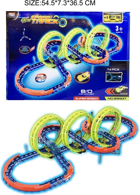 Lichtgevende racebaan voor kinderen 3+ met 3 loops van 360° en LED-autootje, 74 onderdelen