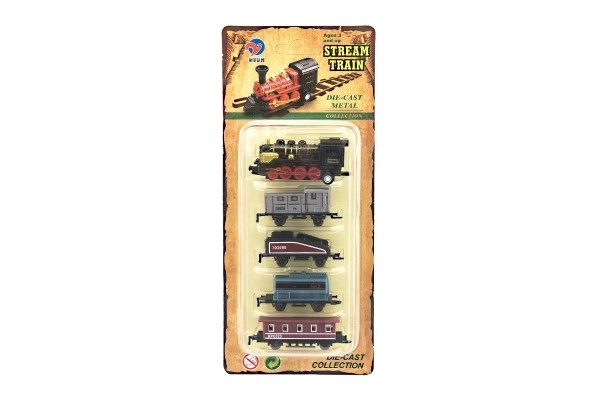 Trein/locomotief en wagens 5st metalen/plastic 8cm op terugtrekmechanisme 4 soorten op kaart