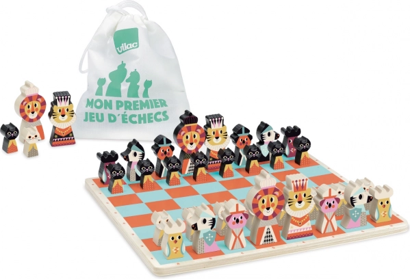 Houten schaakspel met dierenmotief voor kinderen