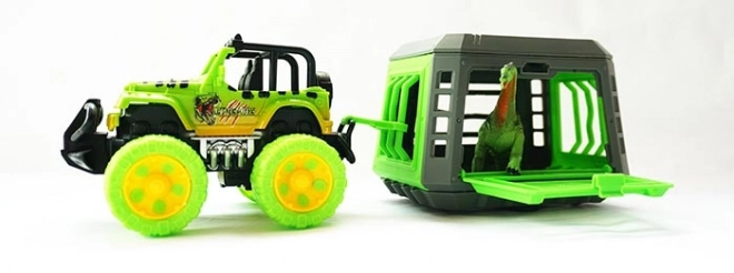 Jeep met trailer en dinosaurus