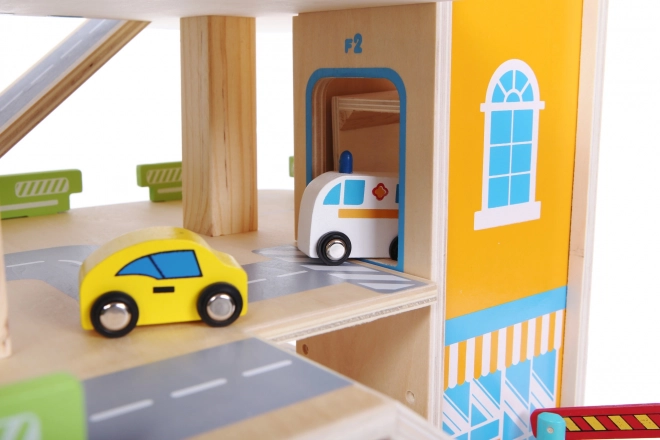 Houten garagebaan met lift + speelgoedauto's Ecotoys