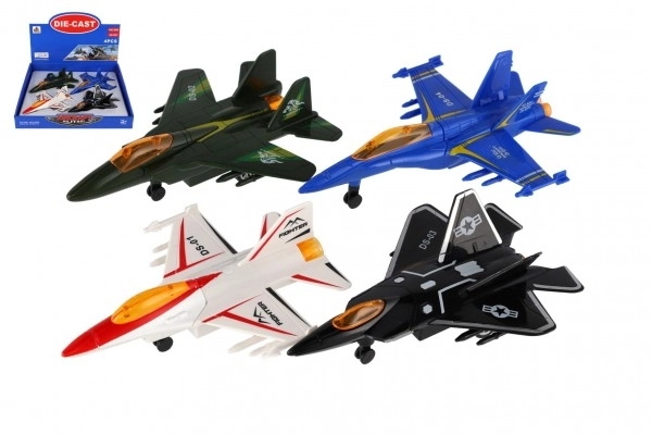 Metalen en plastic jager met terugtrekmechanisme 16 cm - set van vier kleurrijke vliegtuigen