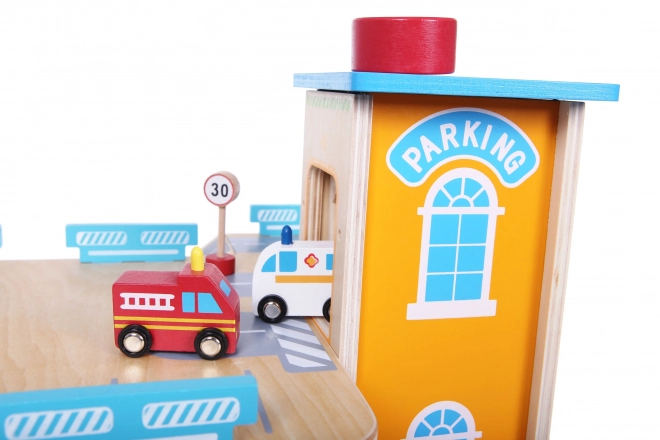 Houten garagebaan met lift + speelgoedauto's Ecotoys