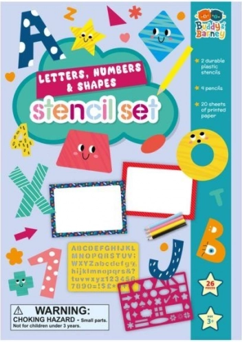 Sjablonen voor letters, cijfers en vormen met een set kleurpotloden