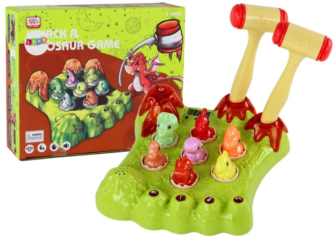 Dinosaur mole-whacking game with two hammers