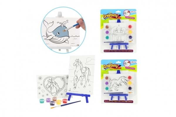 Mini doek 2 stuks met standaard met penseel en 6 kleuren 15x10 cm