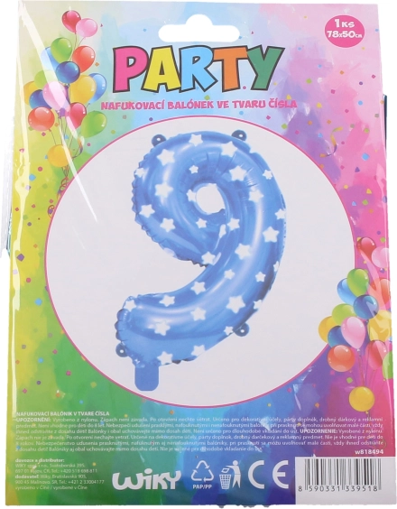 Blauwe opblaasbare ballon cijfer 9 met sterretjes 78 × 50 cm