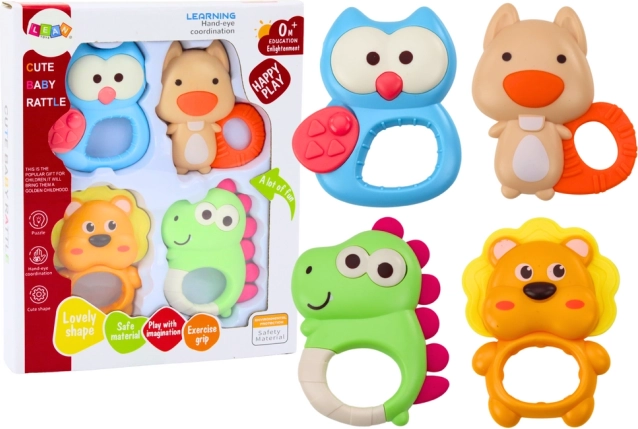 Set of Rattles Teething Animals Pastel Colors 4 Pieces
