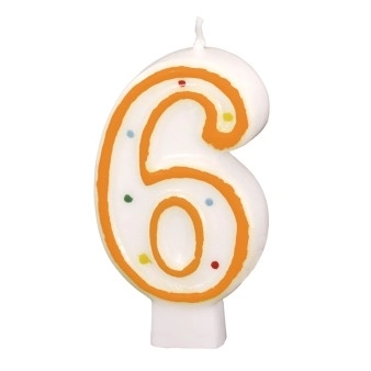 Verjaardagskaars met nummer 6 wit met gekleurde stippen