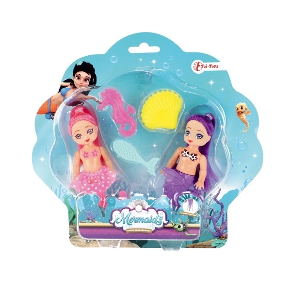 Zeemeermin poppen 2 stuks 10cm plastic met accessoires op kaart