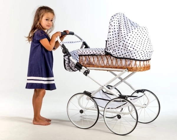 Kinderwagen Monika RETRO rieten wit frame wit met stippen handgreephoogte 76cm verstelbaar