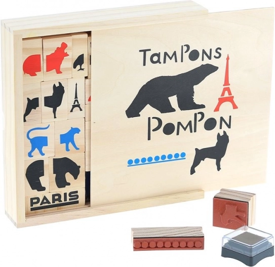 Houten stempels POMPON TOYS – creatieve set 23 stuks met inkten