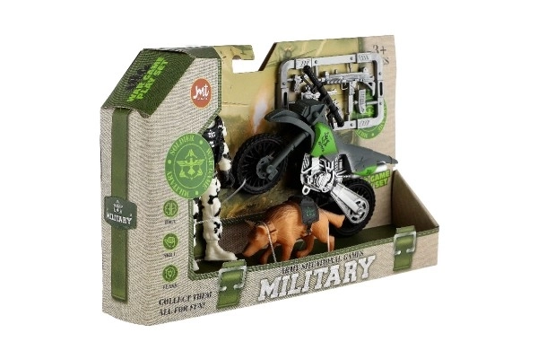 Militaire set plastic motorfiets, soldaat, hond met accessoires in doos 23x14x4cm