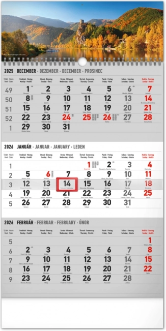 Notique wandkalender met drie maanden Landschap, Slowaakse namen 2026, 29,5 × 43 cm, grijs