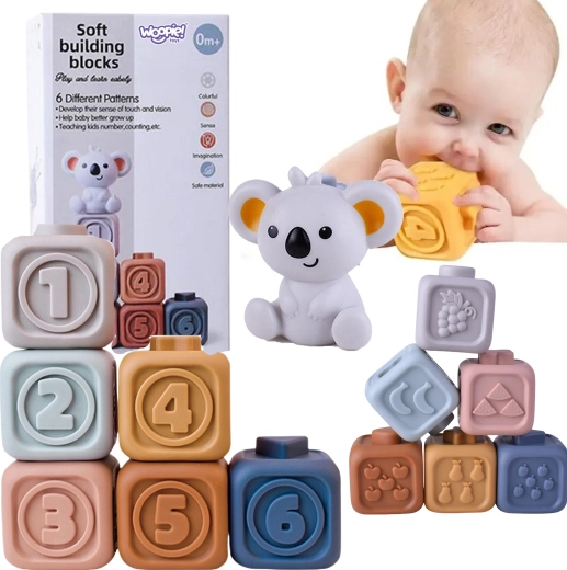 Sensorische Silikonbausteine mit Zahlen und Koala 2-in-1 – Beißring und Lernbausatz WOOPIE