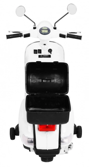 Elektrische kinderscooter Vespa wit met zijwieltjes, audio en eco-leer